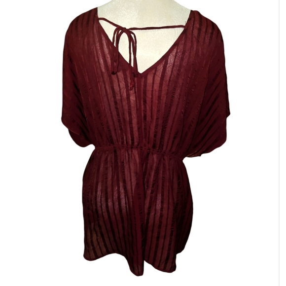 Torrid Womens Faux Wrap Top Plus 2 Maroon Elastic Waist Sheer Elegance Ethereal - Picture 3 of 8